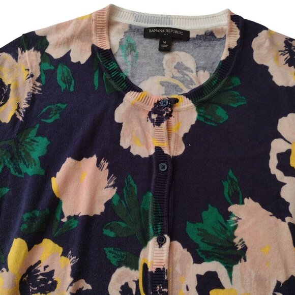 Banana Republic Floral Cardigan M Lightweight Cotton Blend Peach Navy Sweater - Picture 3 of 8